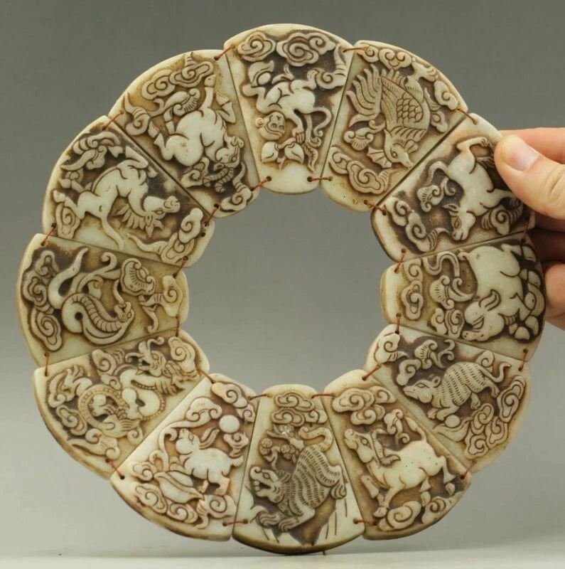 Chinese Old Jade Hand-Carved 12 Zodiac Design Pendant Statue 8 Inch
