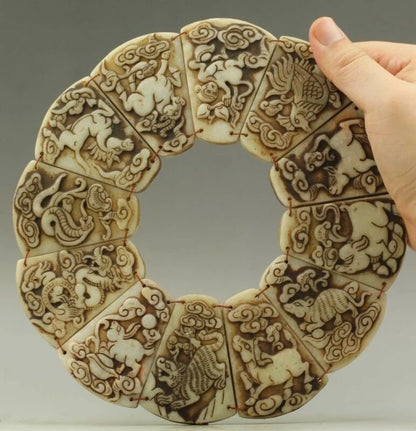 Chinese Old Jade Hand-Carved 12 Zodiac Design Pendant Statue 8 Inch