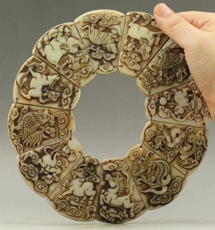 Chinese Old Jade Hand-Carved 12 Zodiac Design Pendant Statue 8 Inch