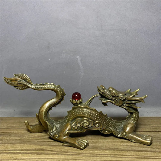 Chinese Old Solid Brass Handwork Collectible bead Dragon Ornament Statue
