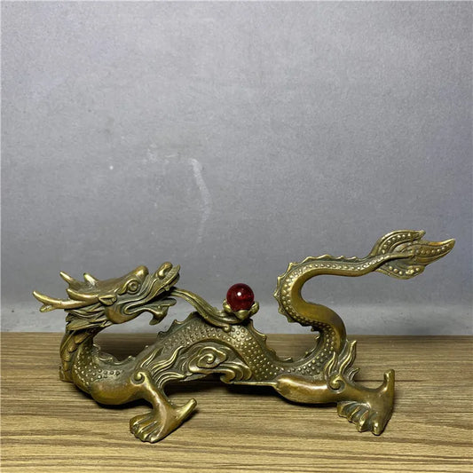 Chinese Old Solid Brass Handwork Collectible bead Dragon Ornament Statue