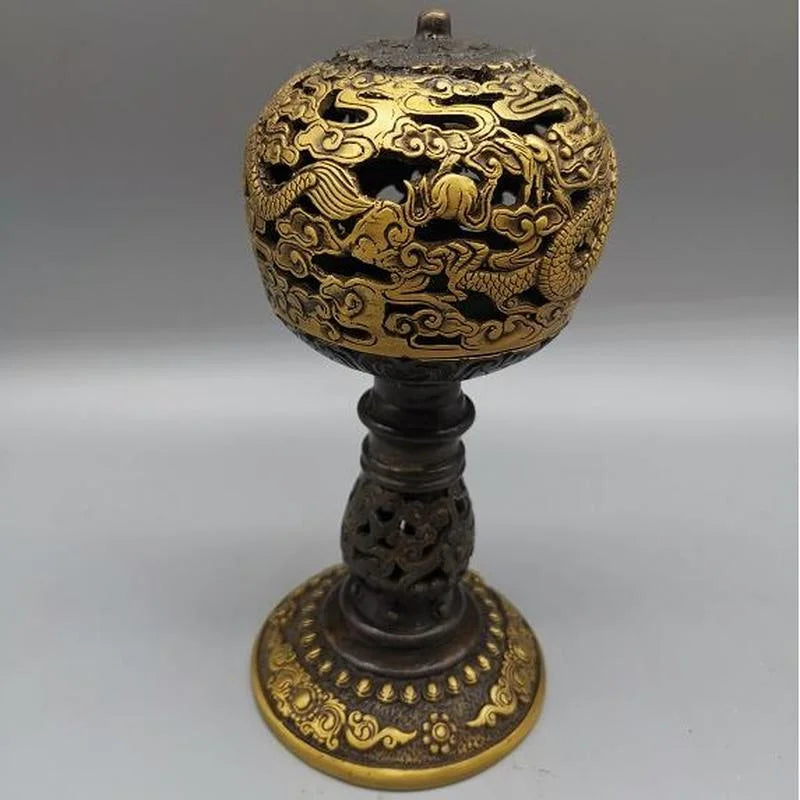 Chinese Old Tibet Brass Copper Hand-Carved Dragon Incense Burner Censer Statue