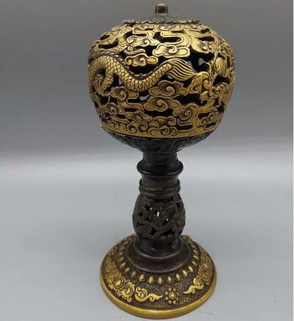 Chinese Old Tibet Brass Copper Hand-Carved Dragon Incense Burner Censer Statue