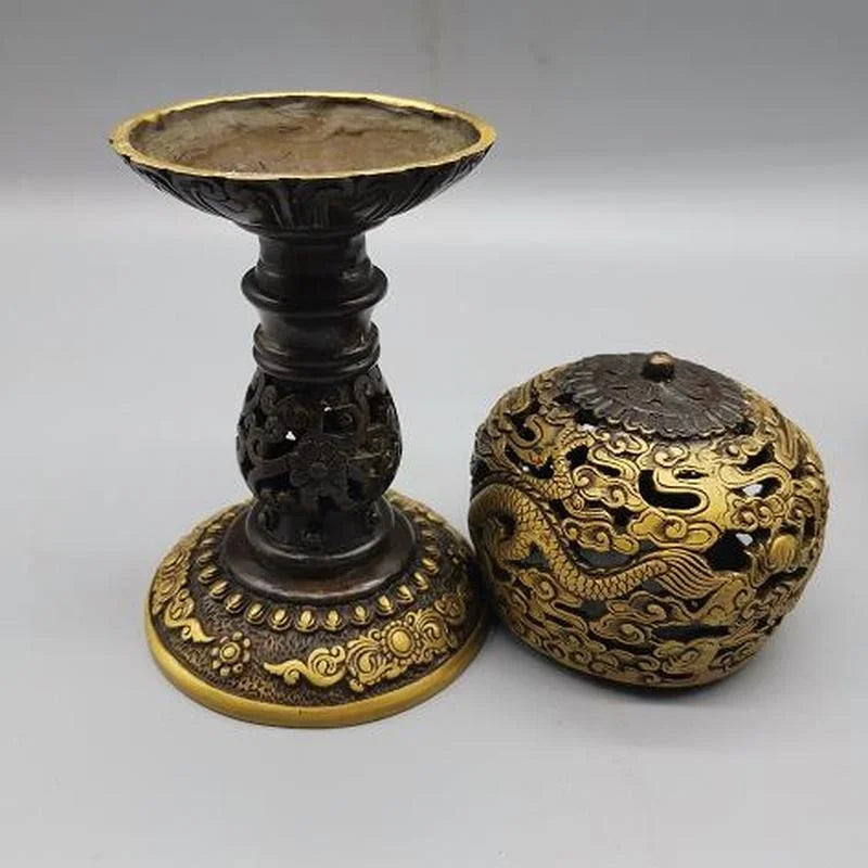 Chinese Old Tibet Brass Copper Hand-Carved Dragon Incense Burner Censer Statue