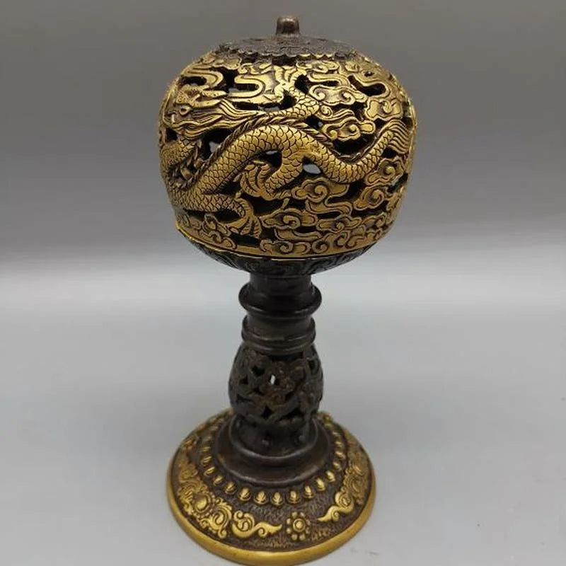 Chinese Old Tibet Brass Copper Hand-Carved Dragon Incense Burner Censer Statue