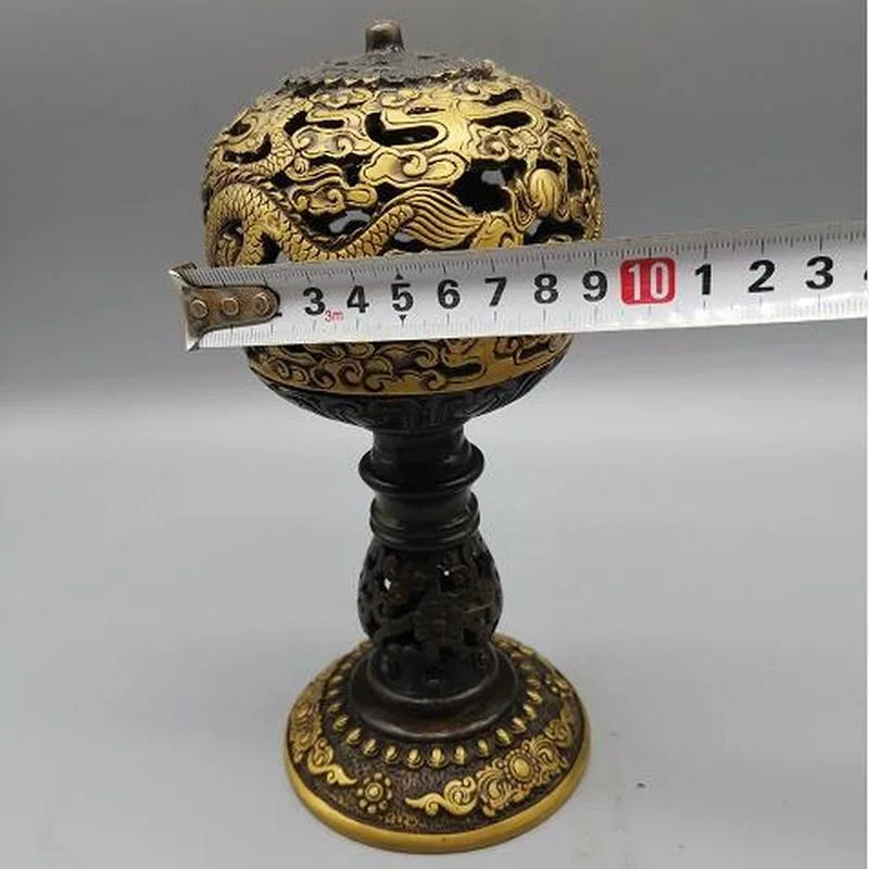 Chinese Old Tibet Brass Copper Hand-Carved Dragon Incense Burner Censer Statue