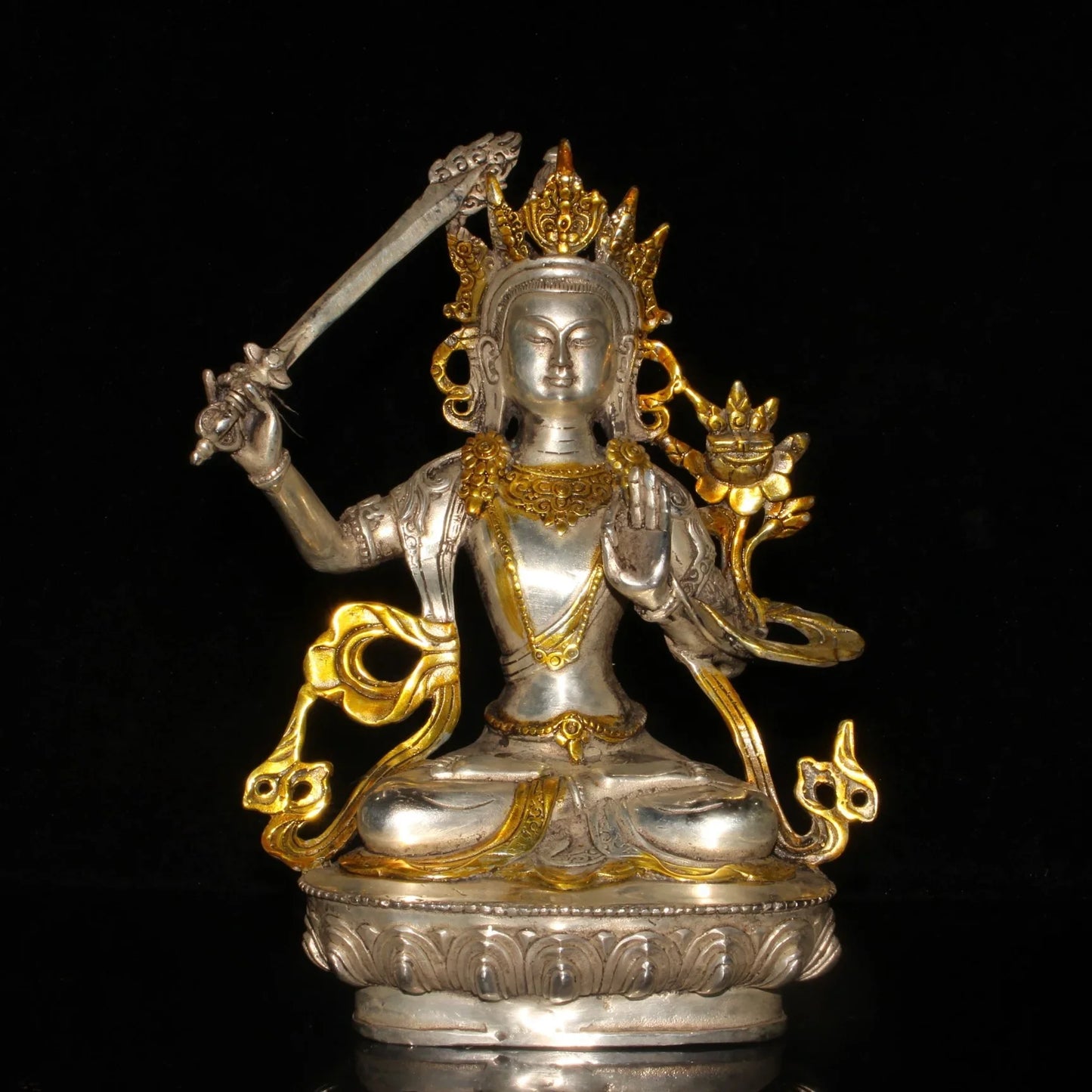 Chinese Old Tibet Tibetan Brass Gild Silver Buddhism Bodhisattva Manjusri Statue