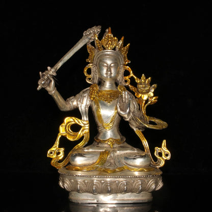 Chinese Old Tibet Tibetan Brass Gild Silver Buddhism Bodhisattva Manjusri Statue
