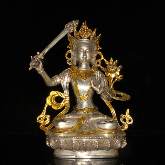 Chinese Old Tibet Tibetan Brass Gild Silver Buddhism Bodhisattva Manjusri Statue