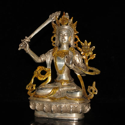 Chinese Old Tibet Tibetan Brass Gild Silver Buddhism Bodhisattva Manjusri Statue