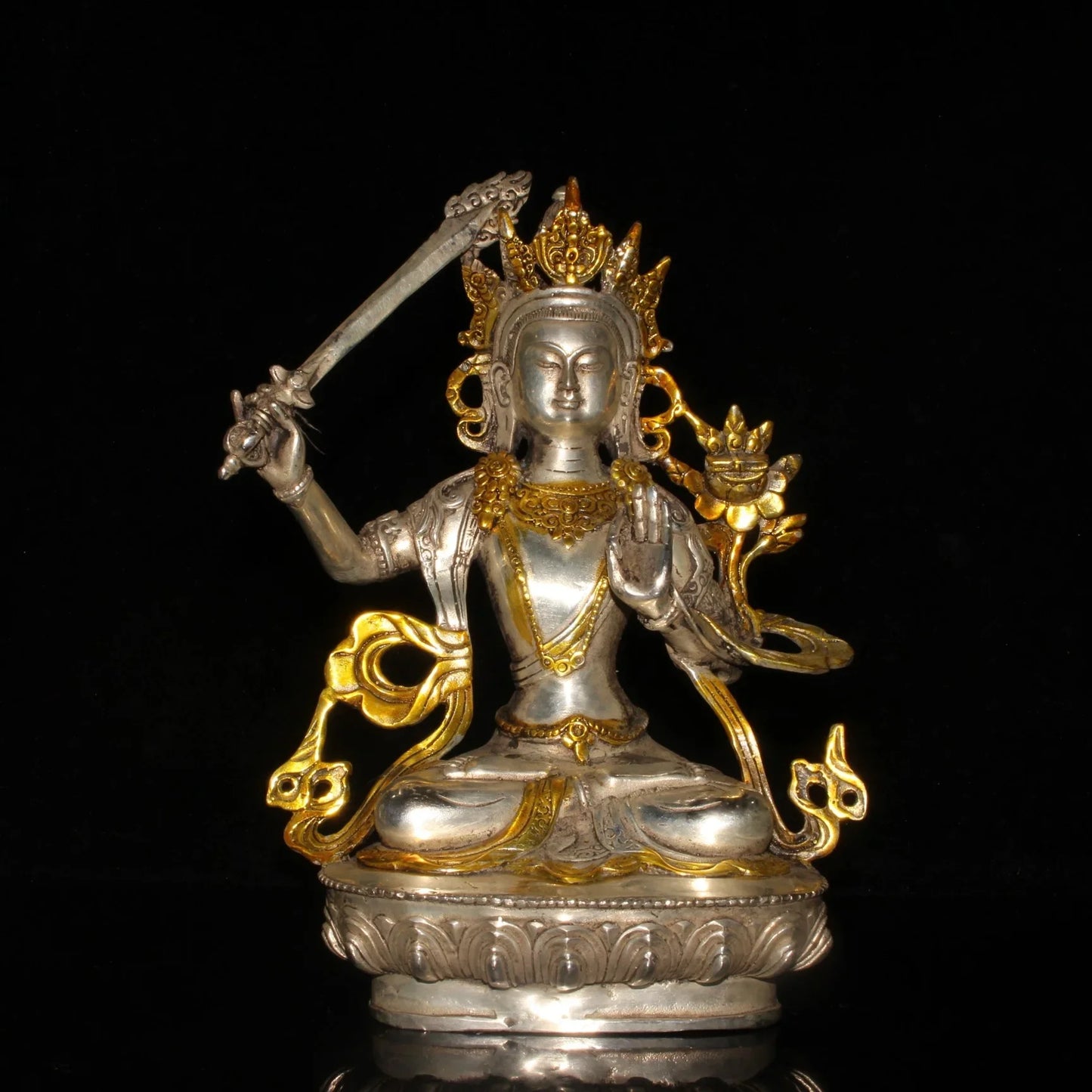 Chinese Old Tibet Tibetan Brass Gild Silver Buddhism Bodhisattva Manjusri Statue