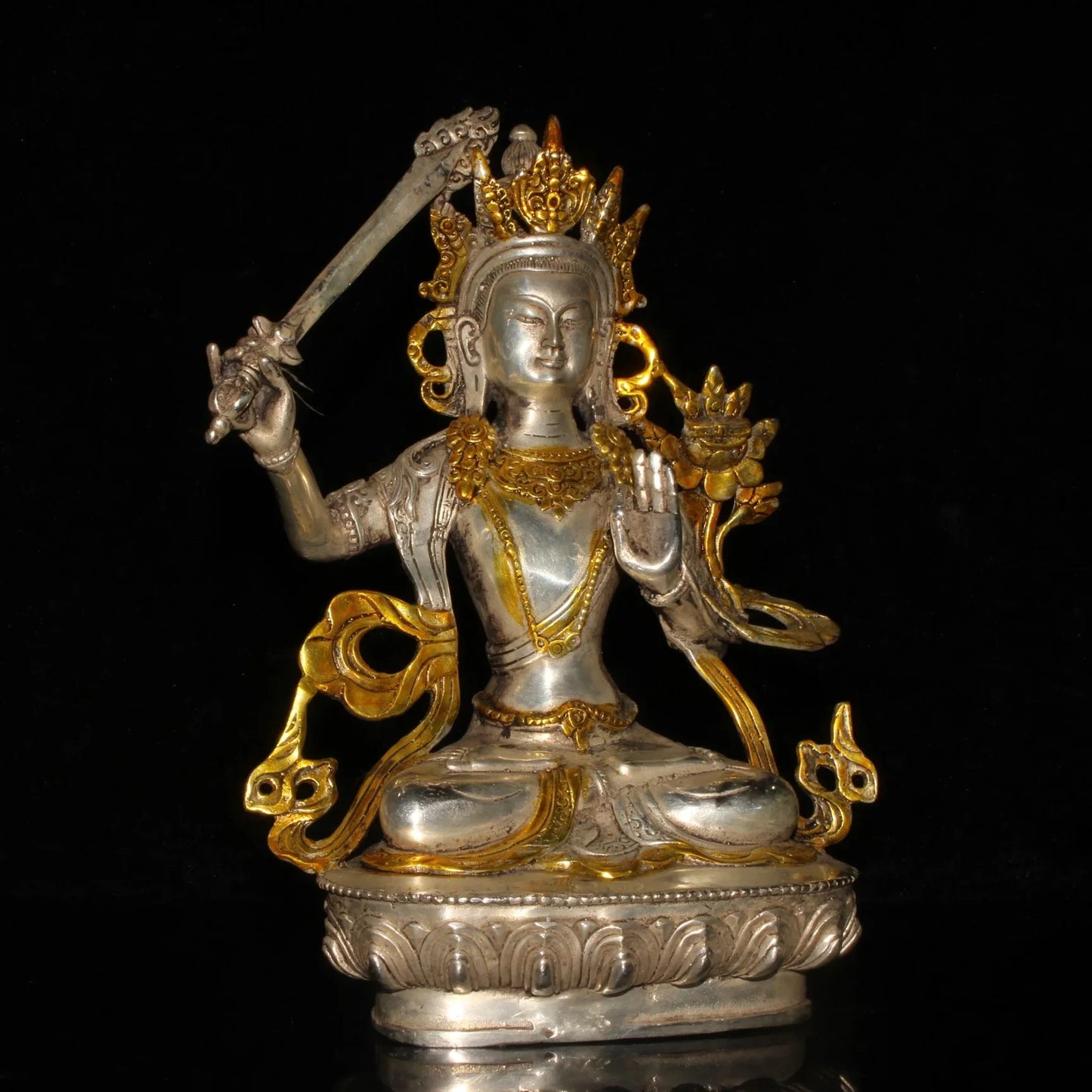 Chinese Old Tibet Tibetan Brass Gild Silver Buddhism Bodhisattva Manjusri Statue