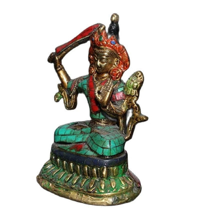 Chinese Old Tibetan Craft Green Pine Inlaid Manjushri Sword Buddha Statue