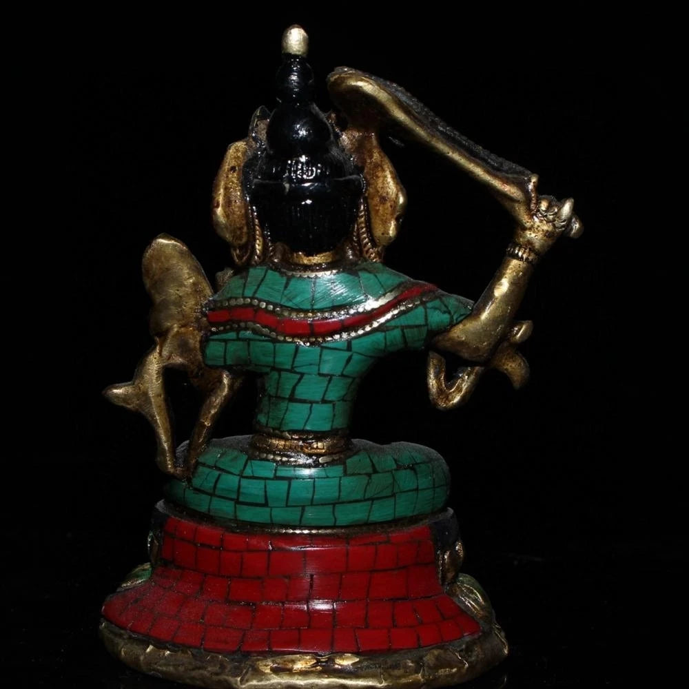 Chinese Old Tibetan Craft Green Pine Inlaid Manjushri Sword Buddha Statue