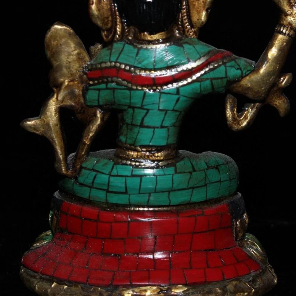 Chinese Old Tibetan Craft Green Pine Inlaid Manjushri Sword Buddha Statue