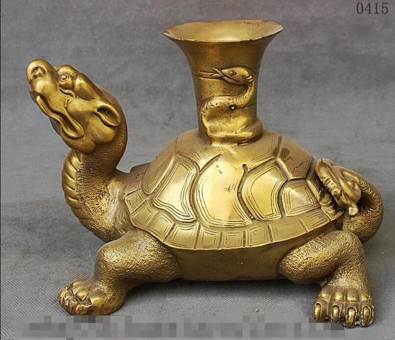 Chinese Palace FengShui Brass Longevity Tortoise Turtle Snake Statue Zun Vase