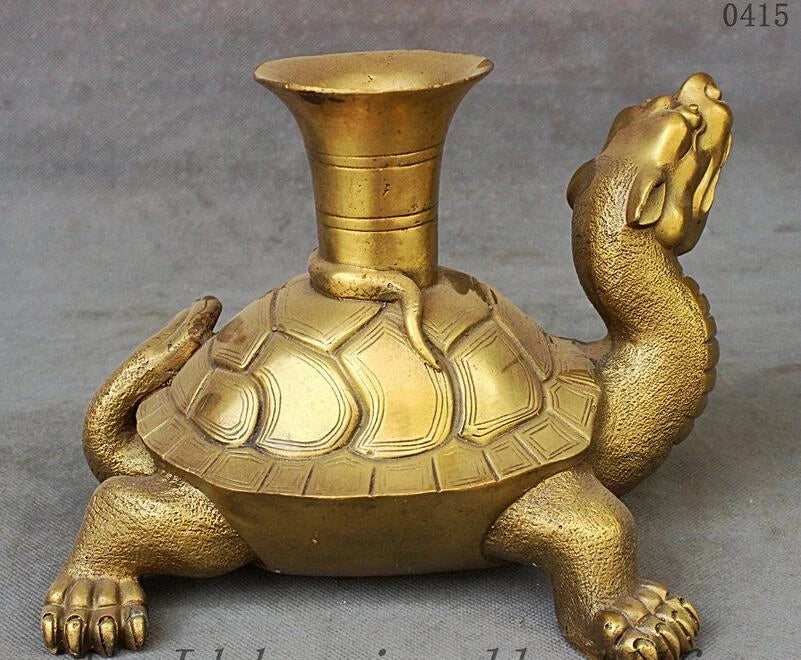 Chinese Palace FengShui Brass Longevity Tortoise Turtle Snake Statue Zun Vase