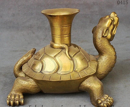 Chinese Palace FengShui Brass Longevity Tortoise Turtle Snake Statue Zun Vase