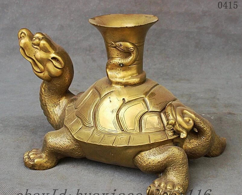 Chinese Palace FengShui Brass Longevity Tortoise Turtle Snake Statue Zun Vase