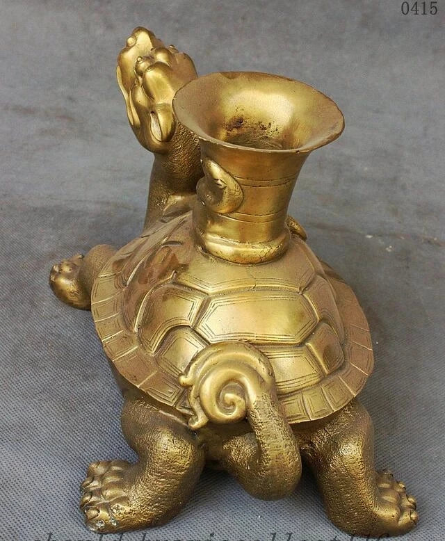 Chinese Palace FengShui Brass Longevity Tortoise Turtle Snake Statue Zun Vase