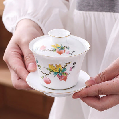 Chinese Phnom Penh White Porcelain Gaiwan Hand Painted Flowers Pattern Tea Bowl Home Ceramic Teacup Teaware Single Cup 180ml