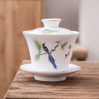 Chinese Phnom Penh White Porcelain Gaiwan Hand Painted Flowers Pattern Tea Bowl Home Ceramic Teacup Teaware Single Cup 180ml