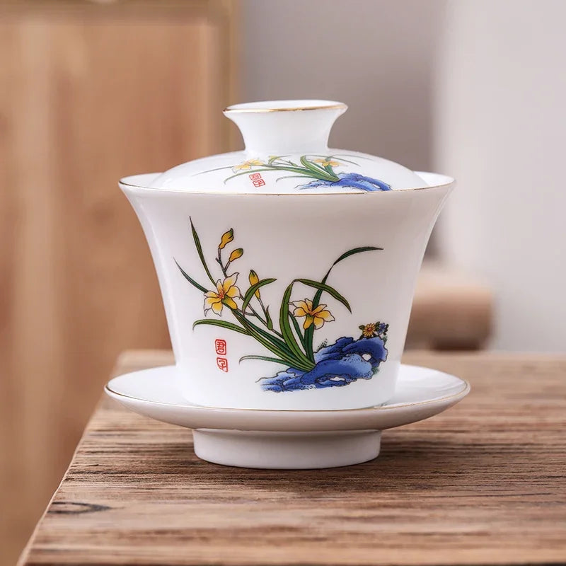 Chinese Phnom Penh White Porcelain Gaiwan Hand Painted Flowers Pattern Tea Bowl Home Ceramic Teacup Teaware Single Cup 180ml