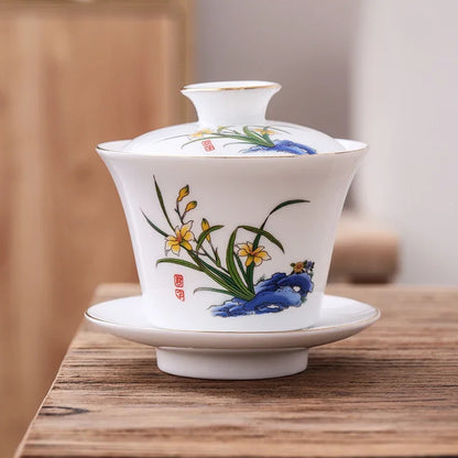 Chinese Phnom Penh White Porcelain Gaiwan Hand Painted Flowers Pattern Tea Bowl Home Ceramic Teacup Teaware Single Cup 180ml