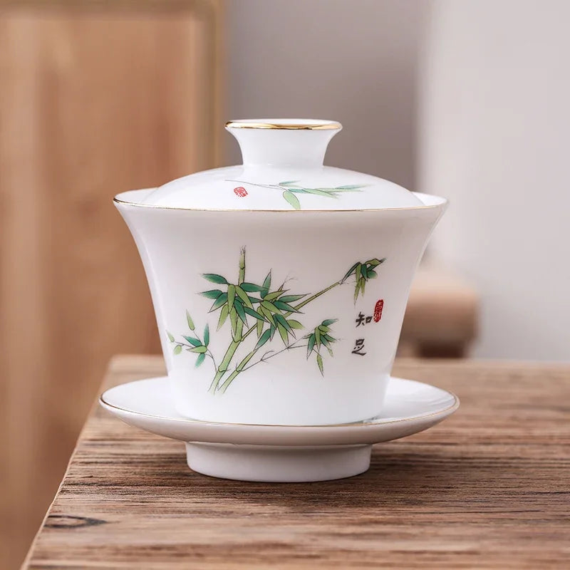 Chinese Phnom Penh White Porcelain Gaiwan Hand Painted Flowers Pattern Tea Bowl Home Ceramic Teacup Teaware Single Cup 180ml