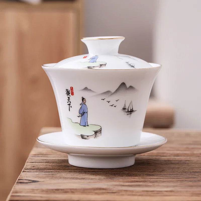 Chinese Phnom Penh White Porcelain Gaiwan Hand Painted Flowers Pattern Tea Bowl Home Ceramic Teacup Teaware Single Cup 180ml