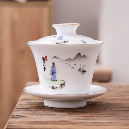 Chinese Phnom Penh White Porcelain Gaiwan Hand Painted Flowers Pattern Tea Bowl Home Ceramic Teacup Teaware Single Cup 180ml
