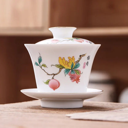 Chinese Phnom Penh White Porcelain Gaiwan Hand Painted Flowers Pattern Tea Bowl Home Ceramic Teacup Teaware Single Cup 180ml