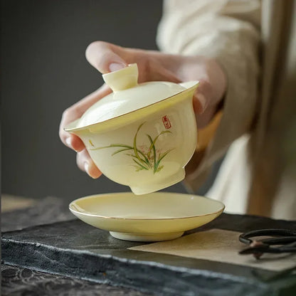 Chinese Porcelain Gaiwan Handmade Flowers Teacup Sancai Tea Tureen Tea Set Tea Accessories Ceramic Travel Tea Bowl Cups