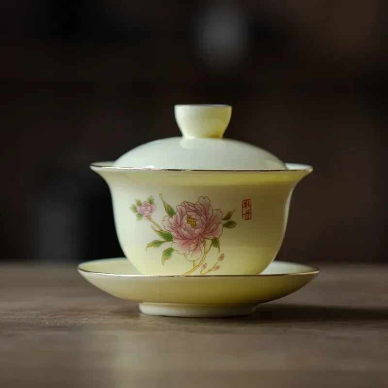 Chinese Porcelain Gaiwan Handmade Flowers Teacup Sancai Tea Tureen Tea Set Tea Accessories Ceramic Travel Tea Bowl Cups