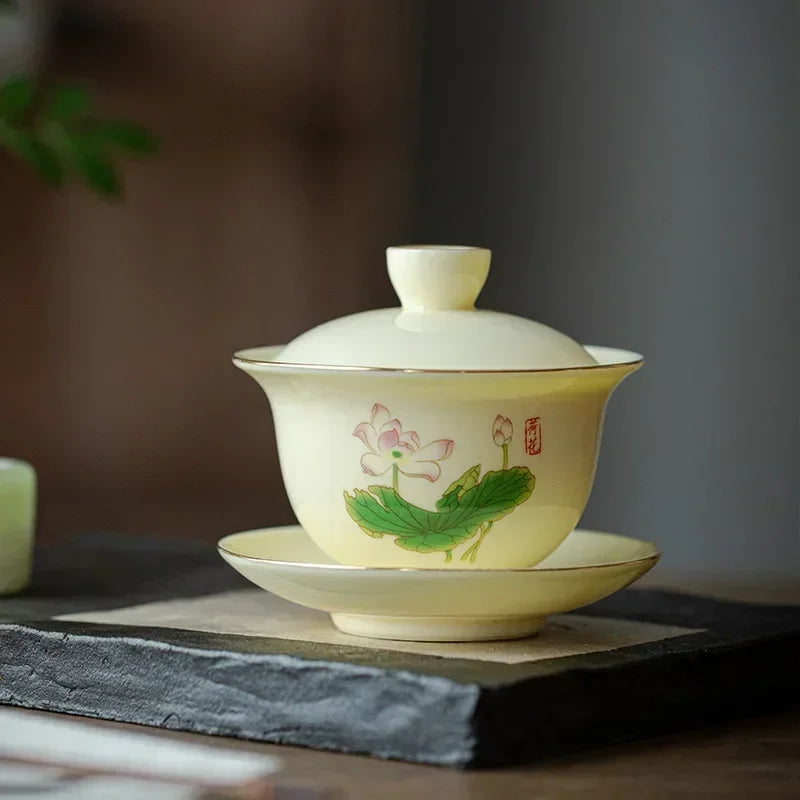Chinese Porcelain Gaiwan Handmade Flowers Teacup Sancai Tea Tureen Tea Set Tea Accessories Ceramic Travel Tea Bowl Cups