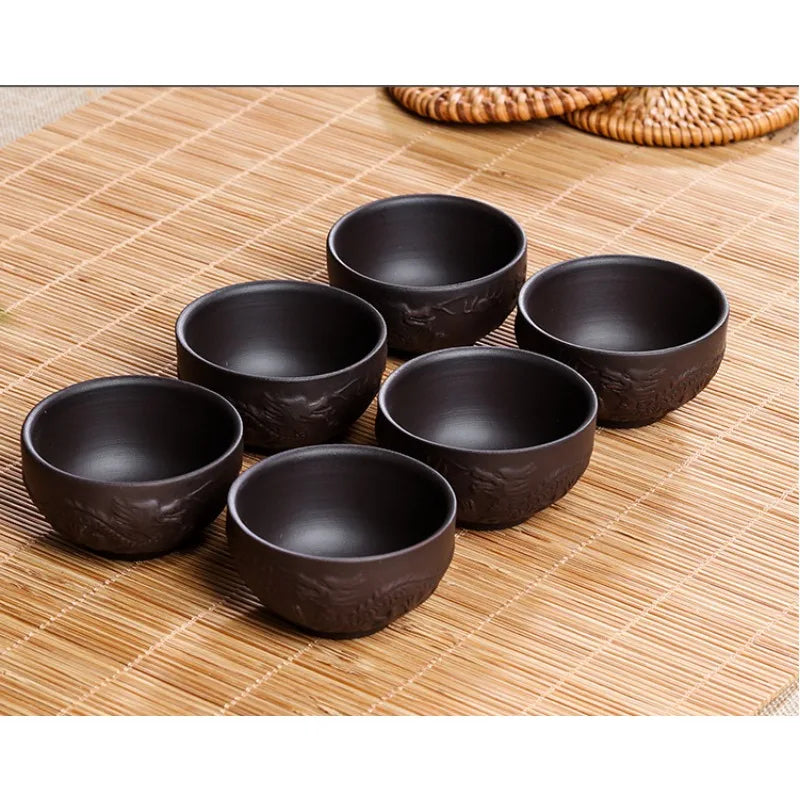 Chinese Porcelain Tea Cup Set, Kung Fu Mud, Purple Sand Crushed Glaze, Travel Tea Bowl, 6 Pcs