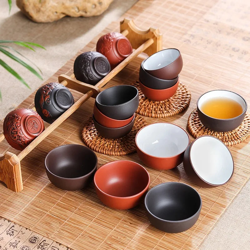 Chinese Porcelain Tea Cup Set, Kung Fu Mud, Purple Sand Crushed Glaze, Travel Tea Bowl, 6 Pcs