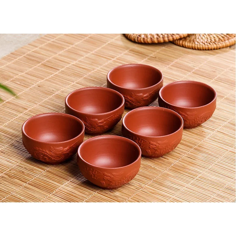 Chinese Porcelain Tea Cup Set, Kung Fu Mud, Purple Sand Crushed Glaze, Travel Tea Bowl, 6 Pcs