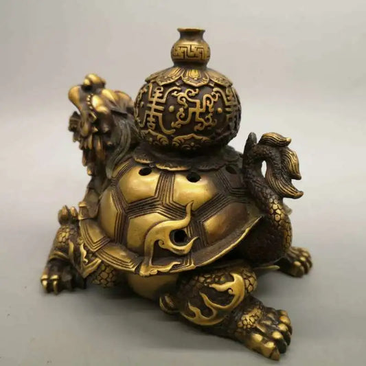 Chinese Pure Brass Dragon Turtle Incense Burner Statue