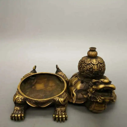 Chinese Pure Brass Dragon Turtle Incense Burner Statue