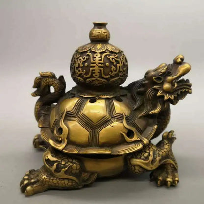Chinese Pure Brass Dragon Turtle Incense Burner Statue