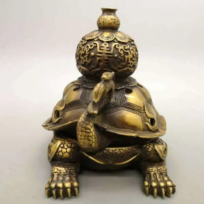 Chinese Pure Brass Dragon Turtle Incense Burner Statue