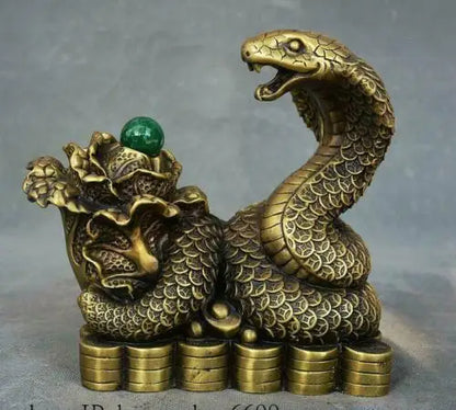Chinese Pure Brass Feng shui Wealth Zodiac Year Animal Snake Yuanbao Coin Statue