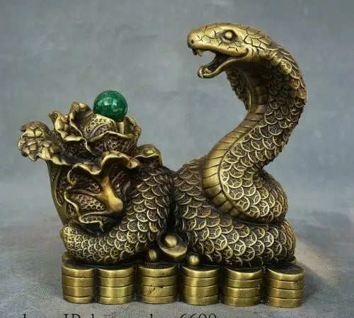 Chinese Pure Brass Feng shui Wealth Zodiac Year Animal Snake Yuanbao Coin Statue