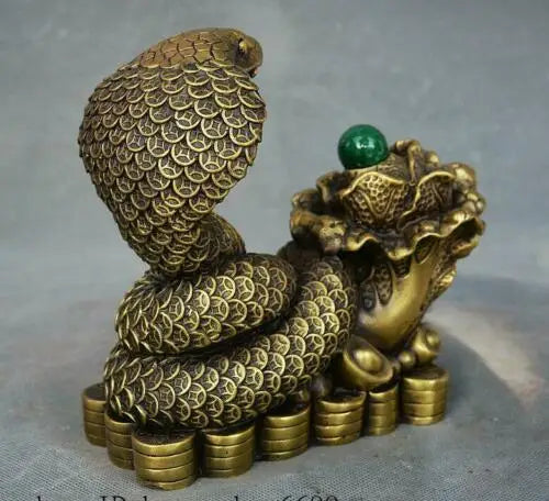 Chinese Pure Brass Feng shui Wealth Zodiac Year Animal Snake Yuanbao Coin Statue