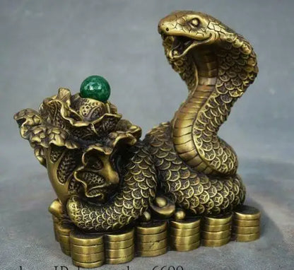 Chinese Pure Brass Feng shui Wealth Zodiac Year Animal Snake Yuanbao Coin Statue
