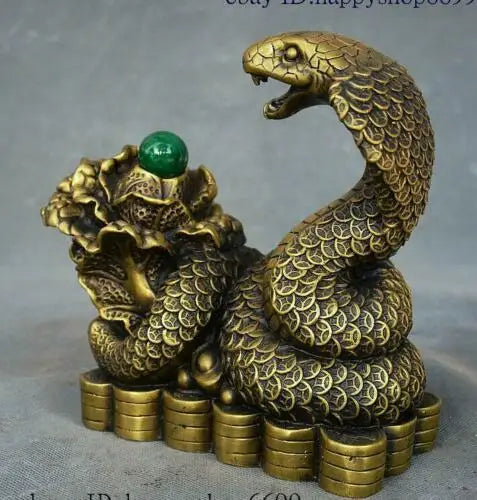 Chinese Pure Brass Feng shui Wealth Zodiac Year Animal Snake Yuanbao Coin Statue