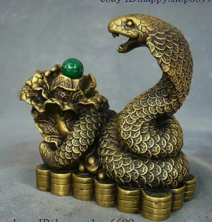Chinese Pure Brass Feng shui Wealth Zodiac Year Animal Snake Yuanbao Coin Statue