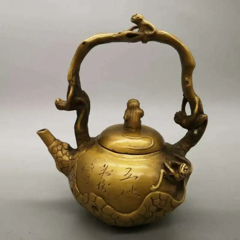 Chinese Pure Brass Monkey Teapot Statue