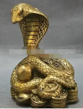 Chinese Pure Brass Year Zodiac Ball Snake On Wealth YuanBao Coin Statue Animals